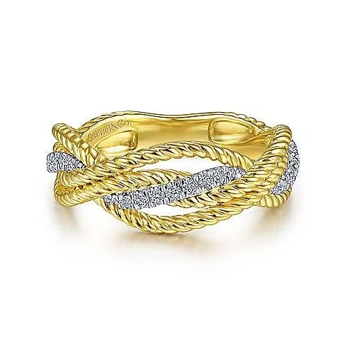 men’s rings with custom engraving-14K White-Yellow Gold Twisted Rope and Diamond Intersecting Ring