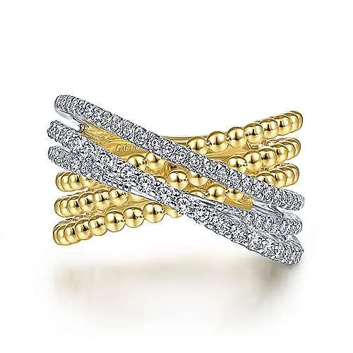 platinum engagement rings for men with diamonds-14K White-Yellow Gold Bujukan Ball and Diamond Criss Cross Ring