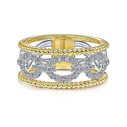 women’s wedding rings with unique diamond settings-14K White-Yellow Gold Diamond Link and Twisted Rope Ring