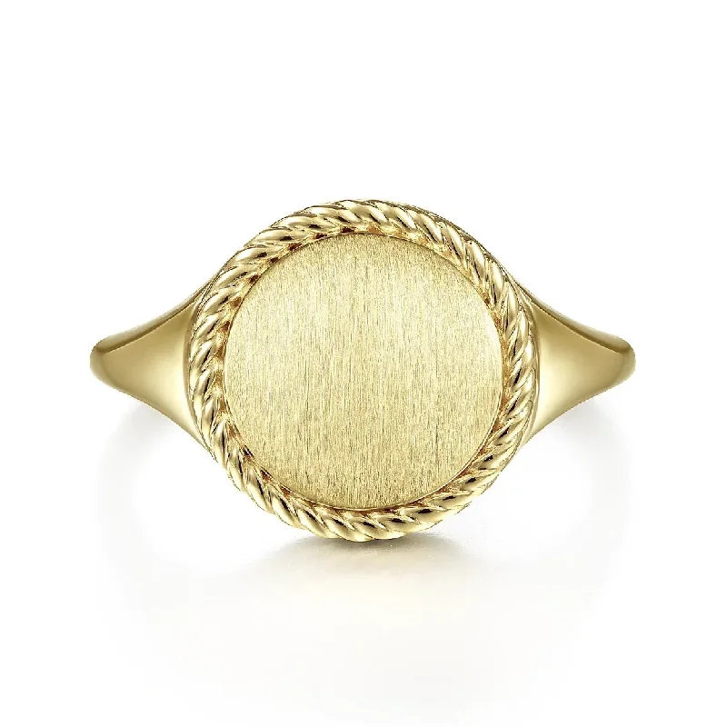 men’s vintage wedding rings-14K Yellow Gold Round Signet Ring with Twisted Rope Frame