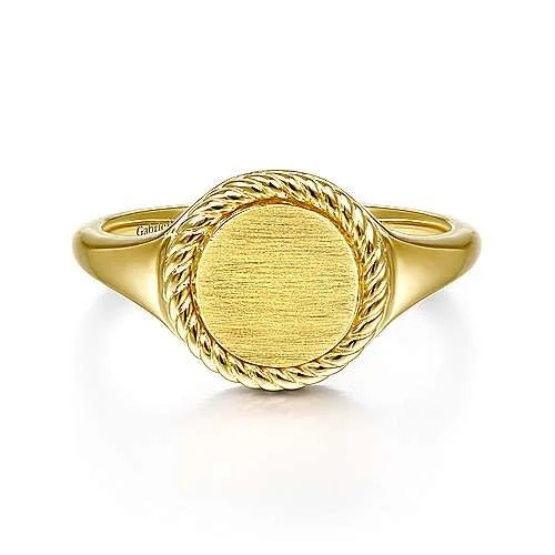 gold wedding bands for women with rubies and sapphires-14K Yellow Gold Round Signet Ring with Twisted Rope Frame