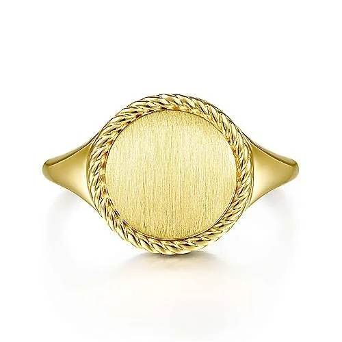 men’s silver wedding bands with diamonds-14K Yellow Gold Round Signet Ring with Twisted Rope Frame