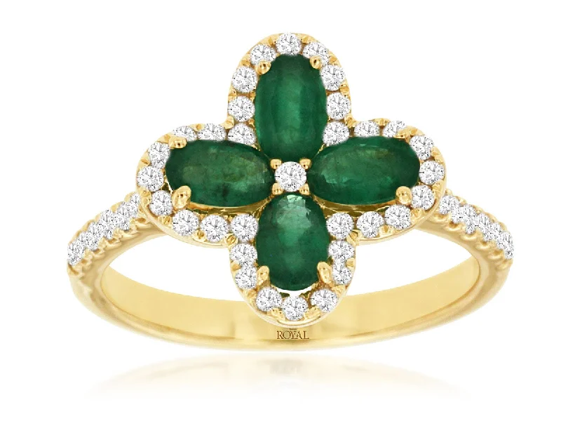 wedding rings with personalized engravings-14K Yellow Gold Floral Emerald and Diamond Fashion Ring