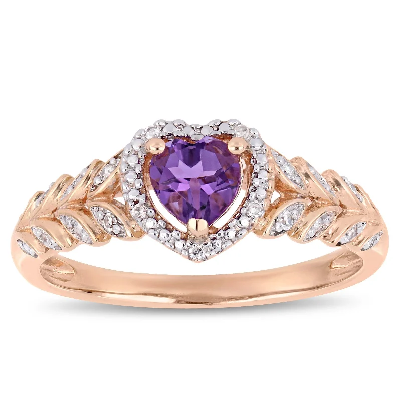 affordable platinum wedding rings for women-Miadora 10k Rose Gold Amethyst and Diamond Accent Heart Halo Engagement Ring