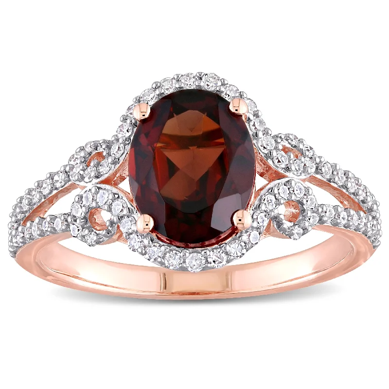 men’s platinum wedding rings with rubies and diamonds-Miadora 10k Rose Gold Garnet & 1/3ct TDW Diamond Halo Split Shank Engagement Ring