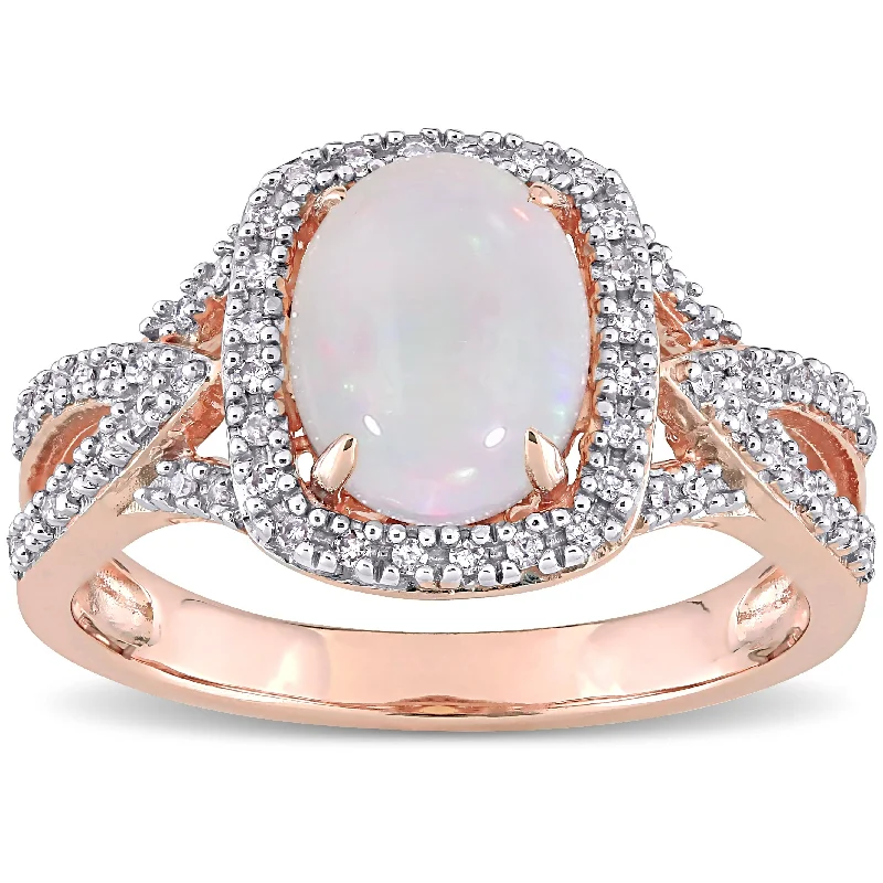 men’s signet rings with engraved designs-Miadora 10k Rose Gold Oval-cut Opal and 1/6ct TDW Diamond Halo Split Shank Engagement Ring