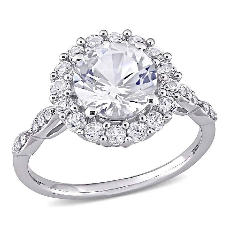 women’s rings with emerald and sapphire gemstones-Miadora 10k White Gold 3 1/5ct Created White Sapphire and Diamond Round Halo Engagement Ring