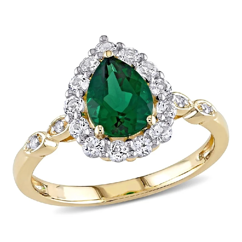 diamond wedding bands with intricate designs-Miadora 10k Yellow Gold Created Emerald, Created White Sapphire & Diamond Teardrop Halo Engagement Ring