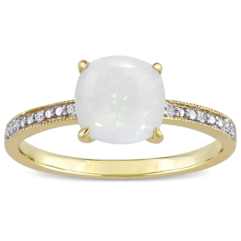 men’s wedding rings with black diamonds and engraving-Miadora 10k Yellow Gold Cushion-cut Opal and Diamond Accent Solitaire Engagement Ring