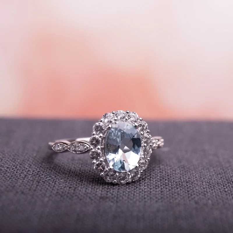 men’s engagement rings with diamond accents-Miadora 14k White Gold Oval-cut Aquamarine White Topaz and Diamond Accent Halo Engagement Ring