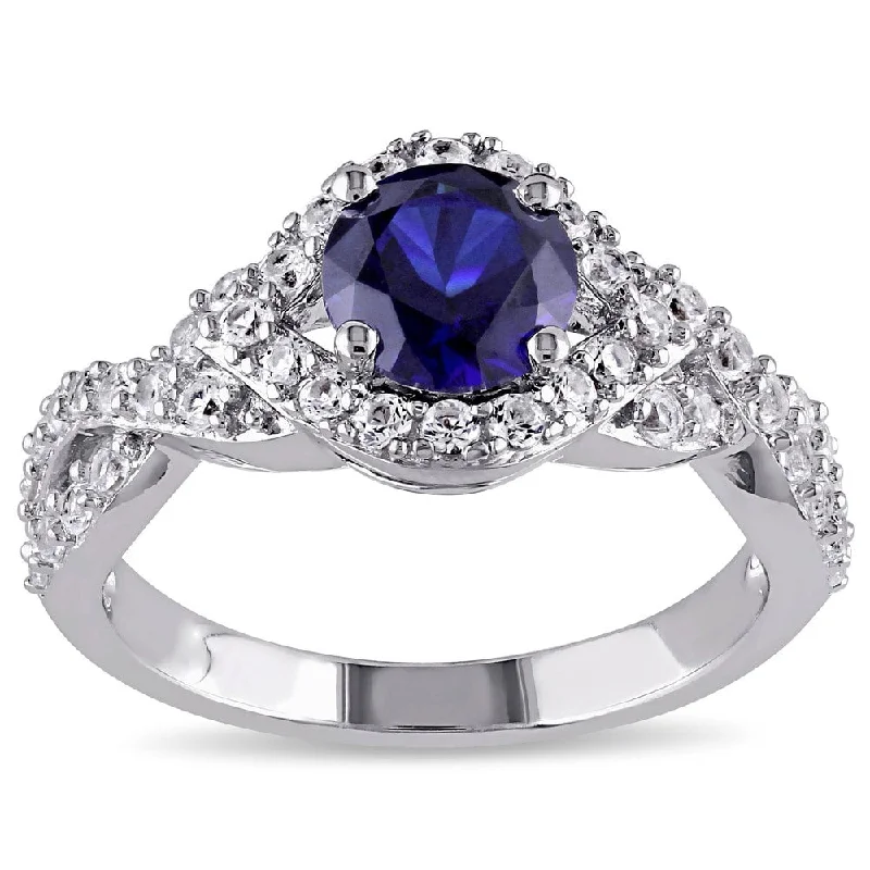 platinum engagement rings for men with diamonds-Miadora Sterling Silver Created Blue and White Sapphire Crossover Engagement Ring