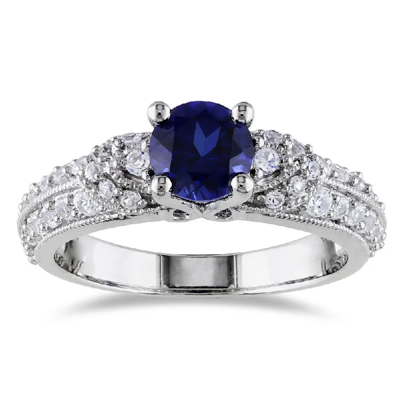 men’s engagement rings with sapphires and rubies-Miadora Sterling Silver Created Blue and White Sapphire Engagement Ring