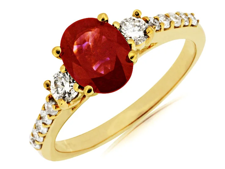 wedding bands for women with diamonds and rubies-14K Yellow Gold Ruby and Diamond Three Stone Ring