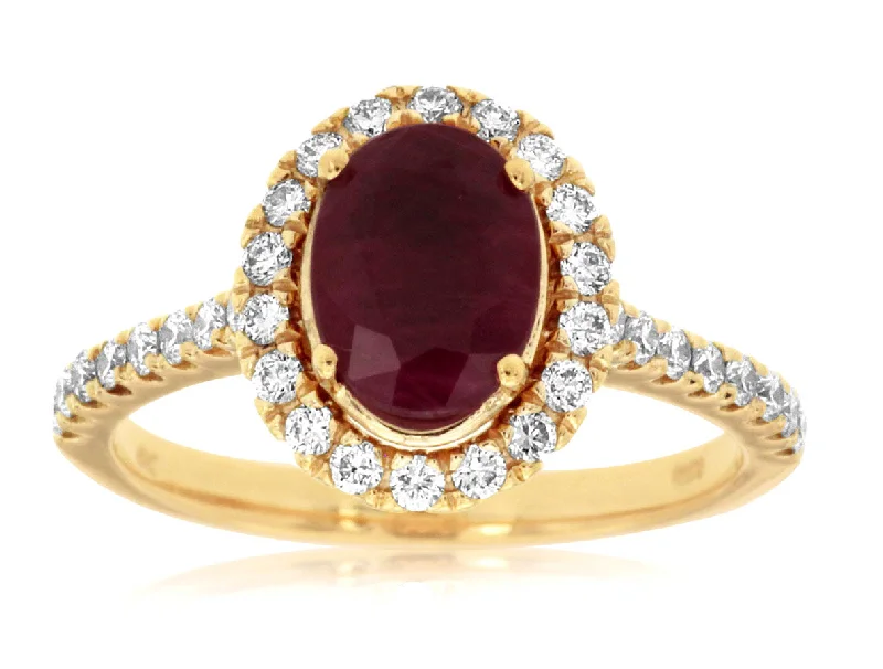 luxury gold wedding rings for women-14K Yellow Gold Ruby and Diamond Halo Ring