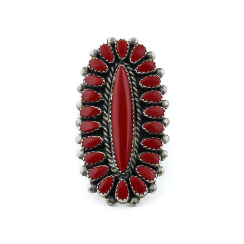 men’s wedding rings with black diamonds and engraving-Petit Point Block Red Coral Ring