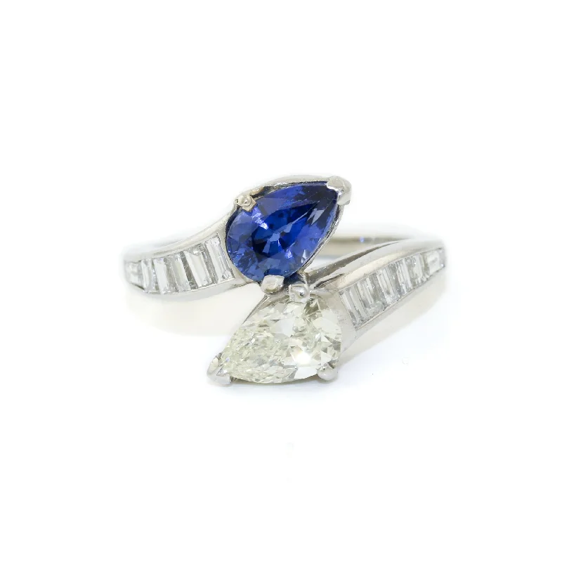 men’s rings with engraved initials-Platinum x 1.15ct Twin Pear Sapphire & Diamond Bypass Ring