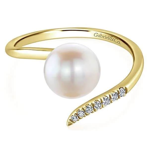 women’s wedding bands with opal stones-14K Yellow Gold Cultured Pearl and Diamond Open Wrap Ring