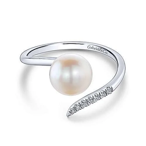 wedding bands with rubies for women-14K White Gold Cultured Pearl and Diamond Open Wrap Ring