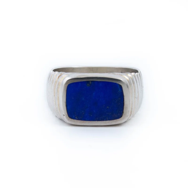 custom wedding bands with engraved initials-Ridged Lapis Inlay Ring