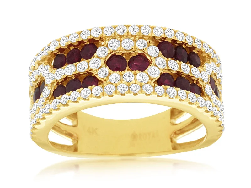 vintage engagement rings with multi-colored gemstones-14K Yellow Gold Ruby and Diamond Wide Band