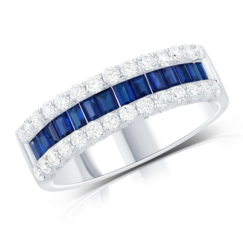 men’s gold engagement rings with sapphires-14K White Gold Baguette Sapphire & Round Diamond Band