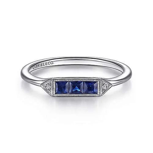 unique engagement rings with sapphire gemstones-14K White Gold Princess Cut Sapphire Trio and Diamond Ring