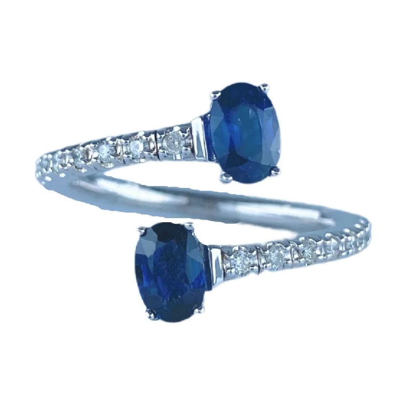 men’s gold wedding bands with sapphires-14K White Gold Sapphire and Diamond Bypass Ring