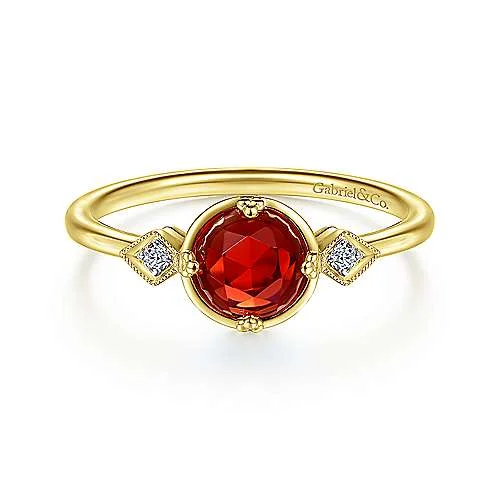 wedding rings for women with emeralds and diamonds-14K Yellow Gold Three Stone Garnet and Diamond Ring