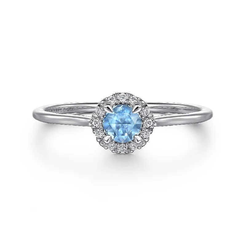 classic silver wedding rings for men-14K White Gold Blue Topaz and Diamond Halo Promise Ring