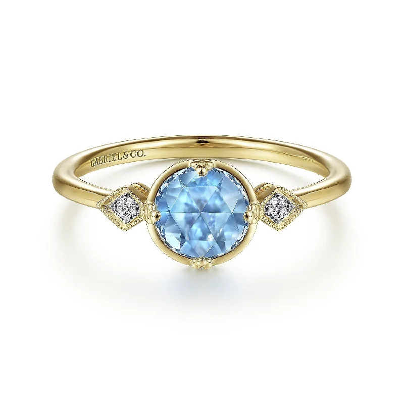 custom wedding rings for couples with diamonds-14K Yellow Gold Three Stone Blue Topaz and Diamond Ring