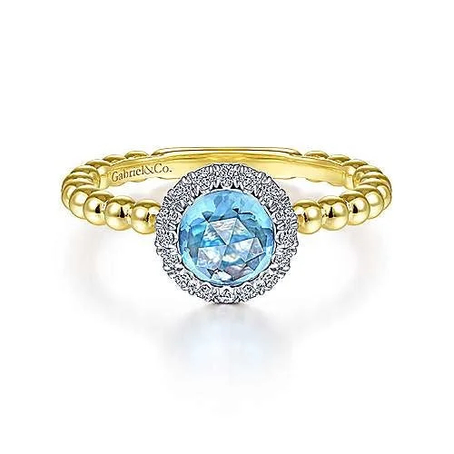 vintage gold wedding rings with rubies-14K Yellow Gold Round Blue Topaz and Diamond Halo Ring