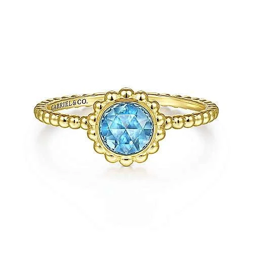 women’s gold engagement rings with colored stones-14K Yellow Gold Round Blue Topaz Beaded Ring