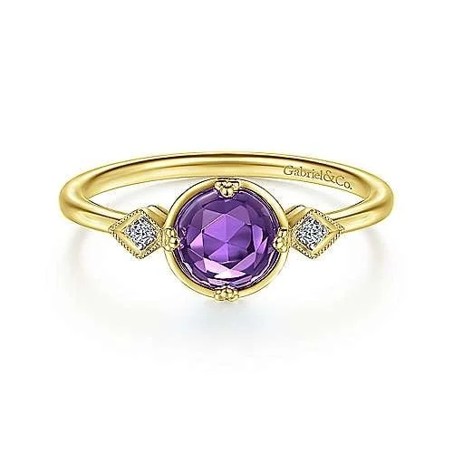 men’s vintage wedding bands with diamonds-14K Yellow Gold Three Stone Amethyst and Diamond Ring