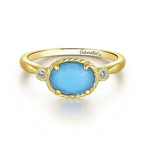 women’s custom wedding rings with diamonds-14K Yellow Gold Oval Rock Crystal Turquoise Diamond Ring