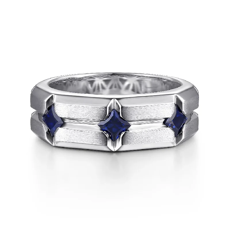 vintage wedding bands for men-925 Sterling Silver Ring with Princess Cut Sapphire Stations