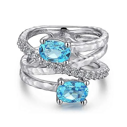 women’s gold rings with emeralds and diamonds-Sterling Silver Multi Row Blue Topaz and White Sapphire Ring