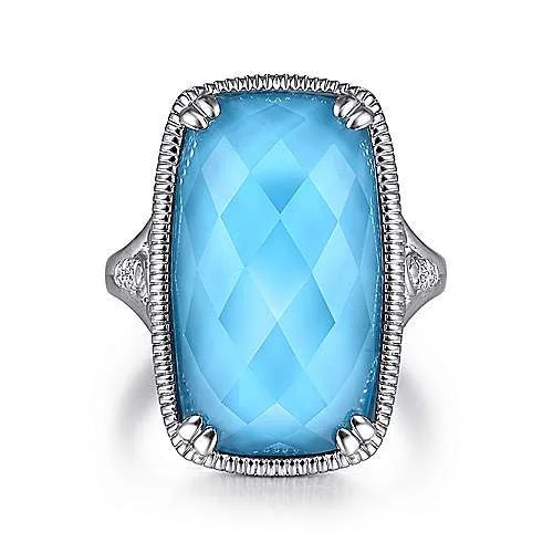 men’s wedding bands with diamonds and sapphires-Sterling Silver Rock Crystal/Turquoise Long Cushion Cut Ring