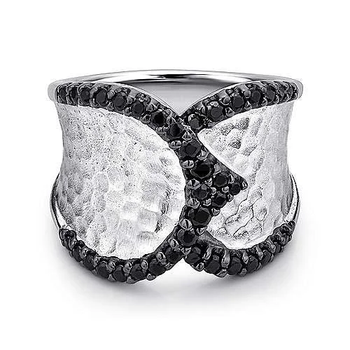 women’s rings with sapphire and diamond accents-Sterling Silver Hammered Wide Band Black Spinel Ring