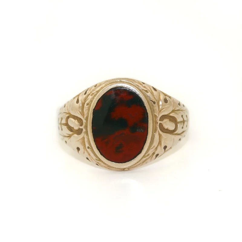 wedding bands for women with emerald and sapphire stones-Vintage 10k Gold x 1940's Bloodstone Signet