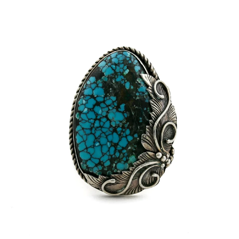 men’s wedding rings with colored gemstones-Vintage American Turquoise Ring - Leaf Motif