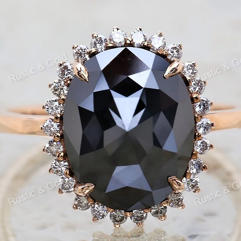 engagement rings with diamonds and sapphires-3 CT Rose Cut Oval Shape Vintage Black Diamond Engagement Ring, Black Diamond Ring