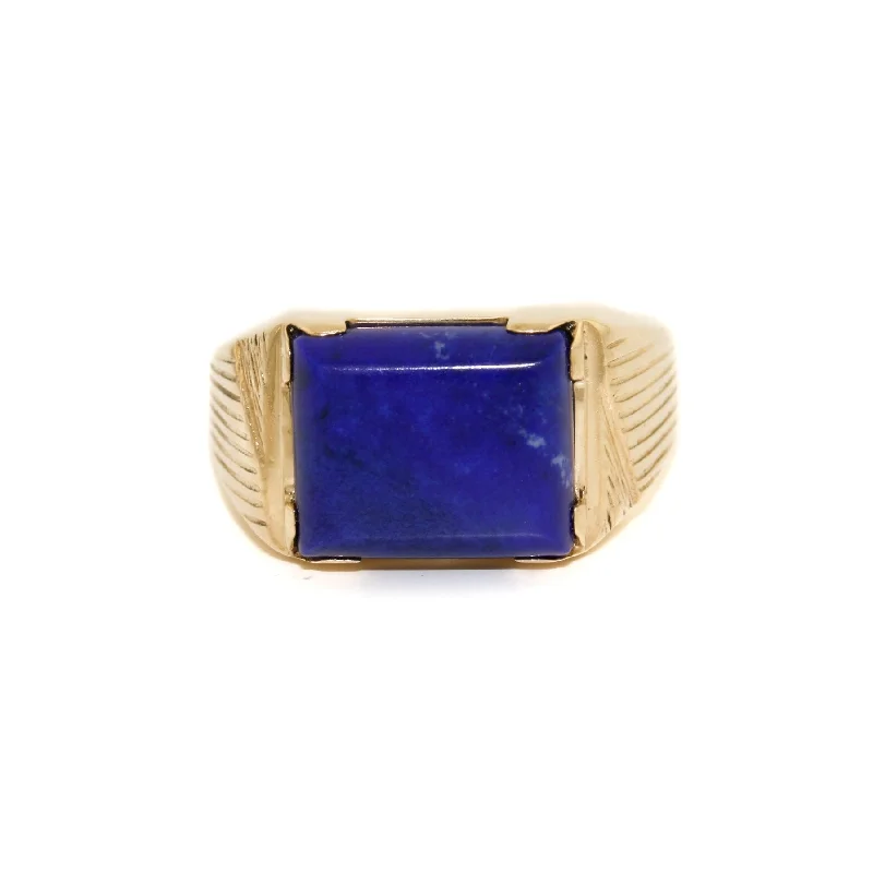 gold rings for women with sapphires-Art Deco Lapis Lazuli Signet x 14K Gold