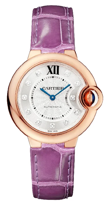 best watches for men with chronograph and tachymeter -Cartier Ballon Bleu Automatic 18K Rose Gold Silver-Tone Dial Diamonds Purple Leather Strap Womens Watch WE902063