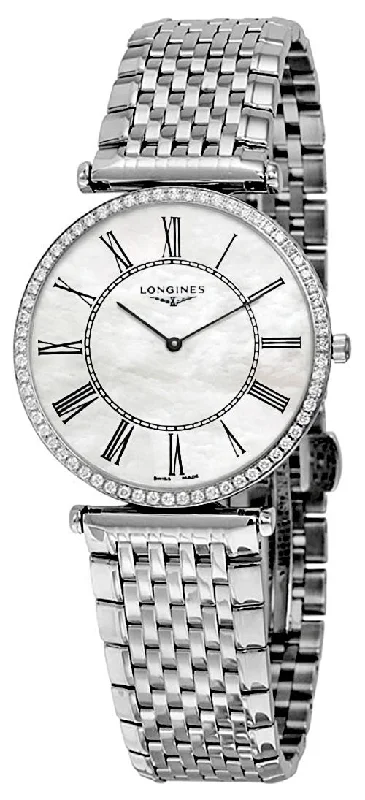 watches for men with minimal design and thin case -Longines La Grande Classique Stainless Steel Mother-Of-Pearl Dial Diamonds Quartz Womens Watch L4.741.0.99.6